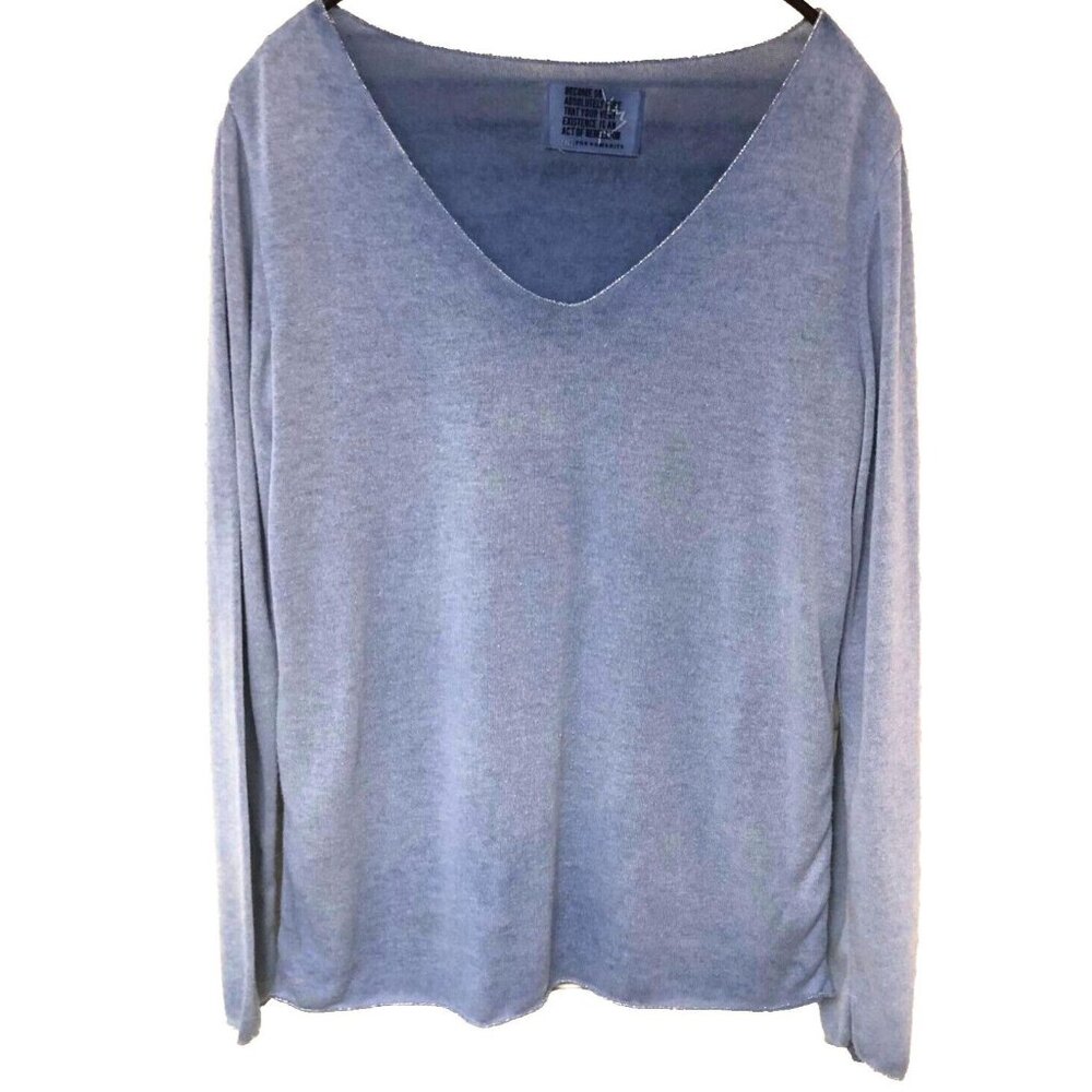 Free For Humanity Womens S M Sweater Top Blue Ombre Metallic Trim V Neck ITALY‎